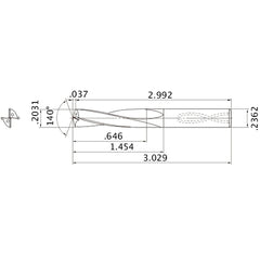 MAS02031MB HTi10 0.2031″ Dia. × 0.2362″ Shank × 1.454″ Flute Length × 3.029″ OAL, 140°, 2 Flute, Coolant Thru, Solid Carbide Drill