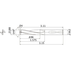 MAS02188MB HTi10 0.2188″ Dia. × 0.2362″ Shank × 1.575″ Flute Length × 3.15″ OAL, 140°, 2 Flute, Coolant Thru, Solid Carbide Drill