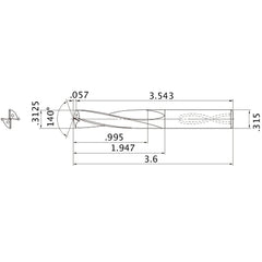 MAS03125MB HTi10 5/16″ Dia. × 0.315″ Shank × 1.947″ Flute Length × 3.6″ OAL, 140°, 2 Flute, Coolant Thru, Solid Carbide Drill