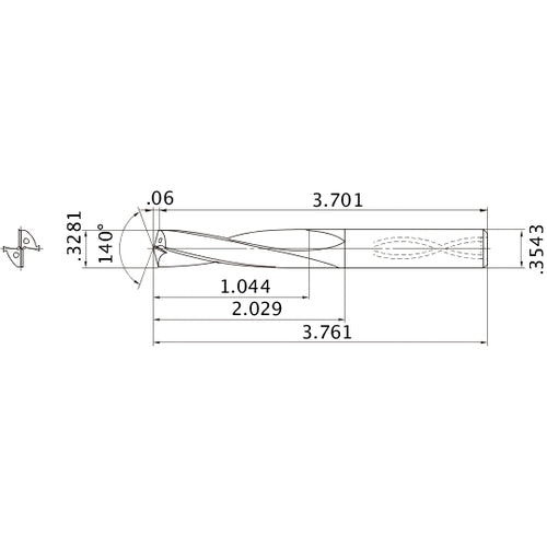 MAS03281MB HTi10 0.3281″ Dia. × 0.3543″ Shank × 2.029″ Flute Length × 3.761″ OAL, 140°, 2 Flute, Coolant Thru, Solid Carbide Drill