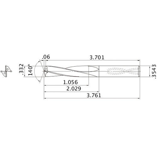 MAS03320MB HTi10 0.332″ Dia. × 0.3543″ Shank × 2.029″ Flute Length × 3.761″ OAL, 140°, 2 Flute, Coolant Thru, Solid Carbide Drill