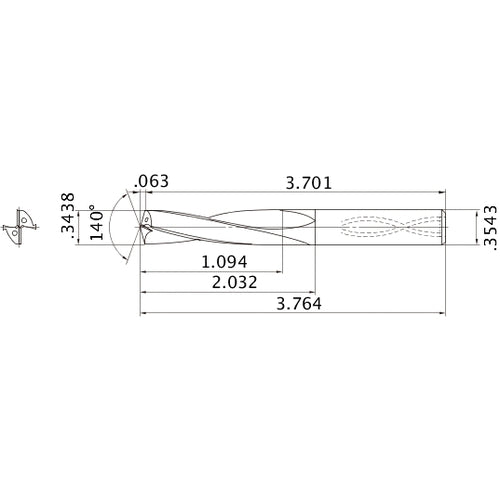 MAS03438MB HTi10 0.3438″ Dia. × 0.3543″ Shank × 2.032″ Flute Length × 3.764″ OAL, 140°, 2 Flute, Coolant Thru, Solid Carbide Drill