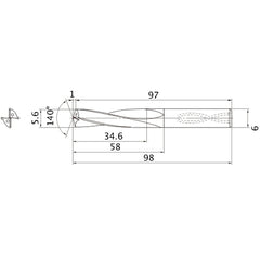 MAS0560LB HTI10 5.6 mm Dia. × 6 mm Shank × 58 mm Flute Length × 98 mm OAL, 140°, 2 Flute, Coolant Thru, Solid Carbide Drill