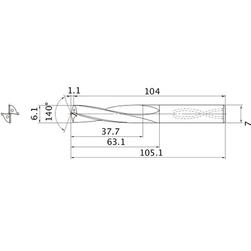 MAS0610LB HTI10 6.1 mm Dia. × 7 mm Shank × 63.1 mm Flute Length × 105.1 mm OAL, 140°, 2 Flute, Coolant Thru, Solid Carbide Drill