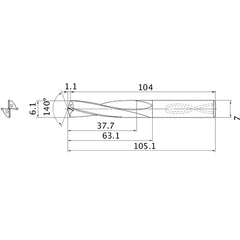 MAS0610LB HTI10 6.1 mm Dia. × 7 mm Shank × 63.1 mm Flute Length × 105.1 mm OAL, 140°, 2 Flute, Coolant Thru, Solid Carbide Drill