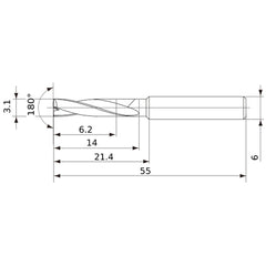 MFE0310X02S060 DP1020 3.1 mm Dia. × 6 mm Shank × 14 mm Flute Length × 55 mm OAL, 180°, 2 Flute, External Coolant, Solid Carbide Drill