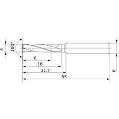 MFE0400X02S060 DP1020 4 mm Dia. × 6 mm Shank × 16 mm Flute Length × 55 mm OAL, 180°, 2 Flute, External Coolant, Solid Carbide Drill