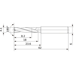 MFE0410X02S060 DP1020 4.1 mm Dia. × 6 mm Shank × 18 mm Flute Length × 62 mm OAL, 180°, 2 Flute, External Coolant, Solid Carbide Drill