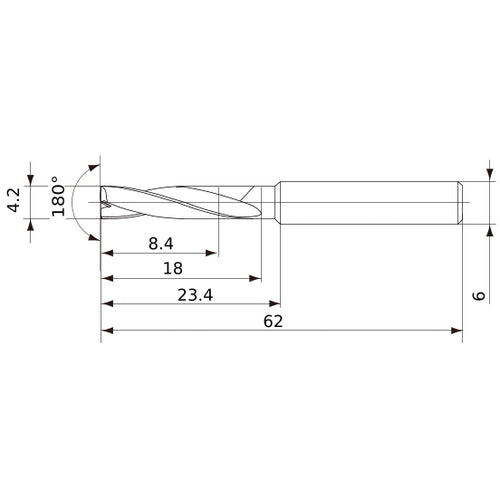 MFE0420X02S060 DP1020 4.2 mm Dia. × 6 mm Shank × 18 mm Flute Length × 62 mm OAL, 180°, 2 Flute, External Coolant, Solid Carbide Drill