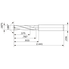 MFE0476X02S060 DP1020 3/16″ Dia. × 0.236″ Shank × 0.787″ Flute Length × 2.441″ OAL, 180°, 2 Flute, External Coolant, Solid Carbide Drill