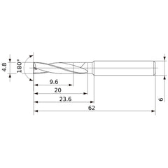 MFE0480X02S060 DP1020 4.8 mm Dia. × 6 mm Shank × 20 mm Flute Length × 62 mm OAL, 180°, 2 Flute, External Coolant, Solid Carbide Drill