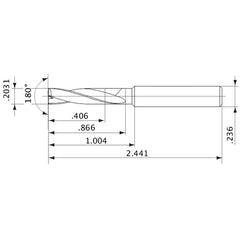 MFE0516X02S060 DP1020 0.2031″ Dia. × 0.236″ Shank × 0.866″ Flute Length × 2.441″ OAL, 180°, 2 Flute, External Coolant, Solid Carbide Drill