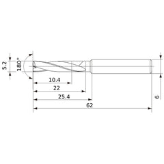 MFE0520X02S060 DP1020 5.2 mm Dia. × 6 mm Shank × 22 mm Flute Length × 62 mm OAL, 180°, 2 Flute, External Coolant, Solid Carbide Drill