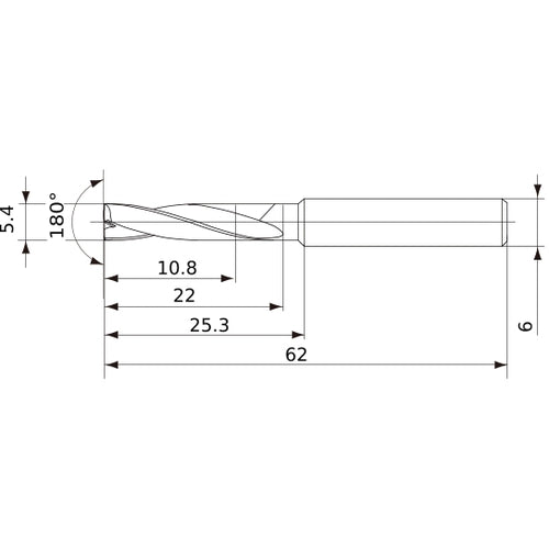 MFE0540X02S060 DP1020 5.4 mm Dia. × 6 mm Shank × 22 mm Flute Length × 62 mm OAL, 180°, 2 Flute, External Coolant, Solid Carbide Drill