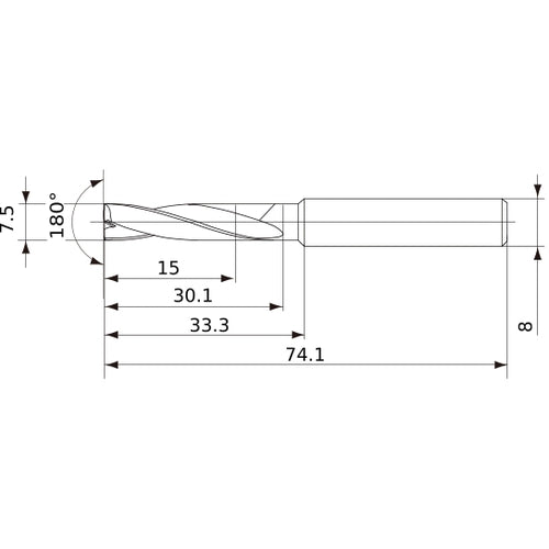 MFE0750X02S080 DP1020 7.5 mm Dia. × 8 mm Shank × 30 mm Flute Length × 74 mm OAL, 180°, 2 Flute, External Coolant, Solid Carbide Drill