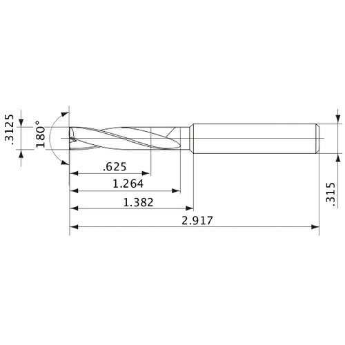 MFE0794X02S080 DP1020 5/16″ Dia. × 0.315″ Shank × 1.264″ Flute Length × 2.917″ OAL, 180°, 2 Flute, External Coolant, Solid Carbide Drill