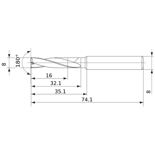 MFE0800X02S080 DP1020 8 mm Dia. × 8 mm Shank × 32 mm Flute Length × 74 mm OAL, 180°, 2 Flute, External Coolant, Solid Carbide Drill
