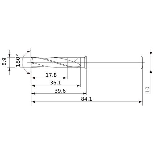 MFE0890X02S100 DP1020 8.9 mm Dia. × 10 mm Shank × 36 mm Flute Length × 84 mm OAL, 180°, 2 Flute, External Coolant, Solid Carbide Drill