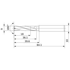 MFE0900X02S100 DP1020 9 mm Dia. × 10 mm Shank × 36 mm Flute Length × 84 mm OAL, 180°, 2 Flute, External Coolant, Solid Carbide Drill