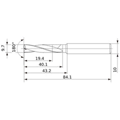 MFE0970X02S100 DP1020 9.7 mm Dia. × 10 mm Shank × 40 mm Flute Length × 84 mm OAL, 180°, 2 Flute, External Coolant, Solid Carbide Drill