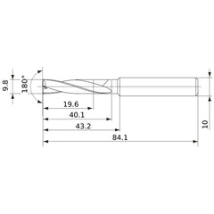 MFE0980X02S100 DP1020 9.8 mm Dia. × 10 mm Shank × 40 mm Flute Length × 84 mm OAL, 180°, 2 Flute, External Coolant, Solid Carbide Drill