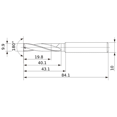 MFE0990X02S100 DP1020 9.9 mm Dia. × 10 mm Shank × 40 mm Flute Length × 84 mm OAL, 180°, 2 Flute, External Coolant, Solid Carbide Drill