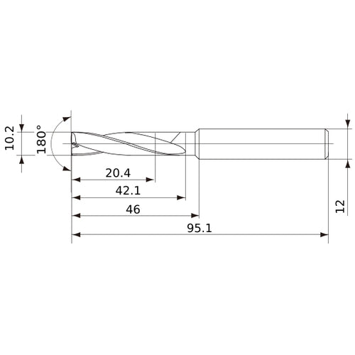 MFE1020X02S120 DP1020 10.2 mm Dia. × 12 mm Shank × 42 mm Flute Length × 95 mm OAL, 180°, 2 Flute, External Coolant, Solid Carbide Drill