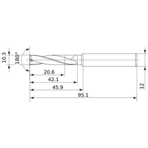MFE1030X02S120 DP1020 10.3 mm Dia. × 12 mm Shank × 42 mm Flute Length × 95 mm OAL, 180°, 2 Flute, External Coolant, Solid Carbide Drill