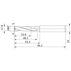 MFE1190X02S120 DP1020 11.9 mm Dia. × 12 mm Shank × 48 mm Flute Length × 95 mm OAL, 180°, 2 Flute, External Coolant, Solid Carbide Drill