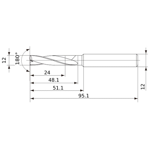 MFE1200X02S120 DP1020 12 mm Dia. × 12 mm Shank × 48 mm Flute Length × 95 mm OAL, 180°, 2 Flute, External Coolant, Solid Carbide Drill