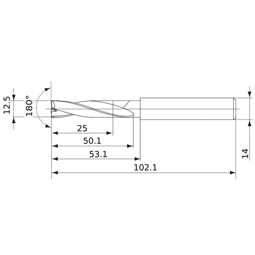 MFE1250X02S140 DP1020 12.5 mm Dia. × 14 mm Shank × 50 mm Flute Length × 102 mm OAL, 180°, 2 Flute, External Coolant, Solid Carbide Drill