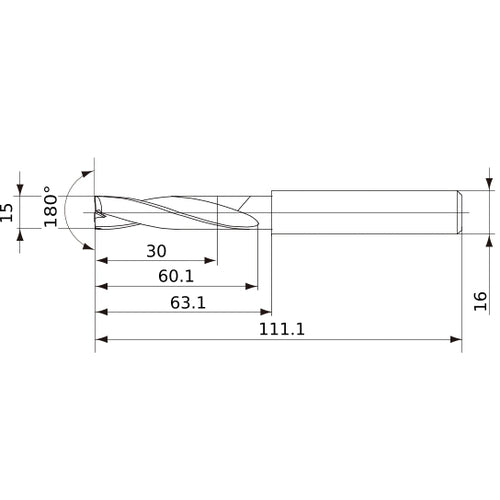 MFE1500X02S160 DP1020 15 mm Dia. × 16 mm Shank × 60 mm Flute Length × 111 mm OAL, 180°, 2 Flute, External Coolant, Solid Carbide Drill