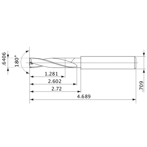 MFE1627X02S180 DP1020 0.6406″ Dia. × 0.709″ Shank × 2.602″ Flute Length × 4.689″ OAL, 180°, 2 Flute, External Coolant, Solid Carbide Drill