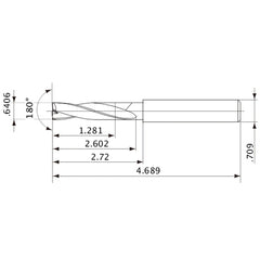 MFE1627X02S180 DP1020 0.6406″ Dia. × 0.709″ Shank × 2.602″ Flute Length × 4.689″ OAL, 180°, 2 Flute, External Coolant, Solid Carbide Drill