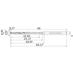 MHS0095L025B VP15TF 0.95 mm Dia. × 3 mm Shank × 25.17 mm Flute Length × 60.17 mm OAL, 135°, 2 Flute, Coolant Thru, Solid Carbide Drill