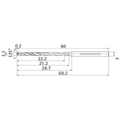 MHS0110L025B VP15TF 1.1 mm Dia. × 3 mm Shank × 25.2 mm Flute Length × 60.2 mm OAL, 135°, 2 Flute, Coolant Thru, Solid Carbide Drill