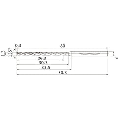 MHS0130L030B VP15TF 1.3 mm Dia. × 3 mm Shank × 30.3 mm Flute Length × 80.3 mm OAL, 135°, 2 Flute, Coolant Thru, Solid Carbide Drill