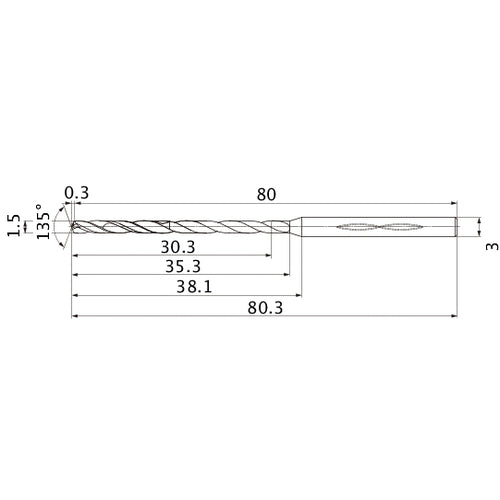 MHS0150L035B VP15TF 1.5 mm Dia. × 3 mm Shank × 35.3 mm Flute Length × 80.3 mm OAL, 135°, 2 Flute, Coolant Thru, Solid Carbide Drill