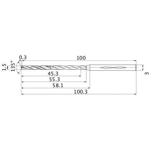 MHS0150L055B VP15TF 1.5 mm Dia. × 3 mm Shank × 55.3 mm Flute Length × 100.3 mm OAL, 135°, 2 Flute, Coolant Thru, Solid Carbide Drill