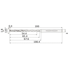 MHS0180L065B VP15TF 1.8 mm Dia. × 3 mm Shank × 65.4 mm Flute Length × 100.4 mm OAL, 135°, 2 Flute, Coolant Thru, Solid Carbide Drill