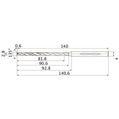 MHS0280L090B VP15TF 2.8 mm Dia. × 4 mm Shank × 90.6 mm Flute Length × 140.6 mm OAL, 135°, 2 Flute, Coolant Thru, Solid Carbide Drill