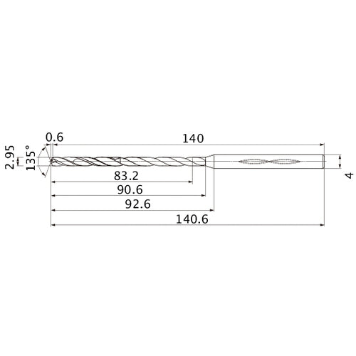 MHS0295L090B VP15TF 2.95 mm Dia. × 4 mm Shank × 90.6 mm Flute Length × 140.6 mm OAL, 135°, 2 Flute, Coolant Thru, Solid Carbide Drill