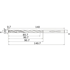 MHS0400L090B VP15TF 4 mm Dia. × 4 mm Shank × 90.7 mm Flute Length × 140.7 mm OAL, 140°, 2 Flute, Coolant Thru, Solid Carbide Drill
