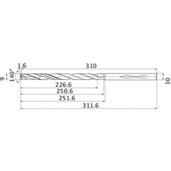 MHS0900L250B VP15TF 9 mm Dia. × 10 mm Shank × 250.6 mm Flute Length × 311.6 mm OAL, 140°, 2 Flute, Coolant Thru, Solid Carbide Drill