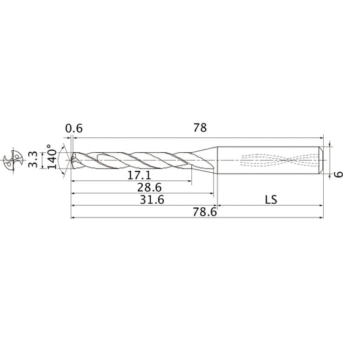 MMS0330X5DB DP7020 3.3 mm Dia. × 6 mm Shank × 28.6 mm Flute Length × 78.6 mm OAL, 140°, 2 Flute, Coolant Thru, Solid Carbide Drill