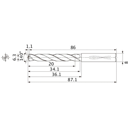 MMS0630X3DB DP7020 6.3 mm Dia. × 8 mm Shank × 34.1 mm Flute Length × 87.1 mm OAL, 140°, 2 Flute, Coolant Thru, Solid Carbide Drill