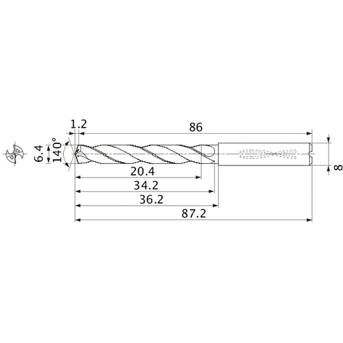MMS0640X3DB DP7020 6.4 mm Dia. × 8 mm Shank × 34.2 mm Flute Length × 87.2 mm OAL, 140°, 2 Flute, Coolant Thru, Solid Carbide Drill