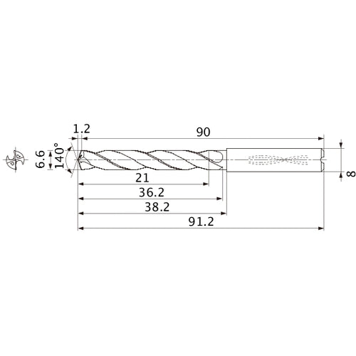 MMS0660X3DB DP7020 6.6 mm Dia. × 8 mm Shank × 36.2 mm Flute Length × 91.2 mm OAL, 140°, 2 Flute, Coolant Thru, Solid Carbide Drill
