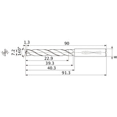 MMS0720X3DB DP7020 7.2 mm Dia. × 8 mm Shank × 39.3 mm Flute Length × 91.3 mm OAL, 140°, 2 Flute, Coolant Thru, Solid Carbide Drill