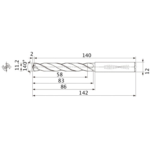 MMS1120X5DB DP7020 11.2 mm Dia. × 12 mm Shank × 83 mm Flute Length × 142 mm OAL, 140°, 2 Flute, Coolant Thru, Solid Carbide Drill